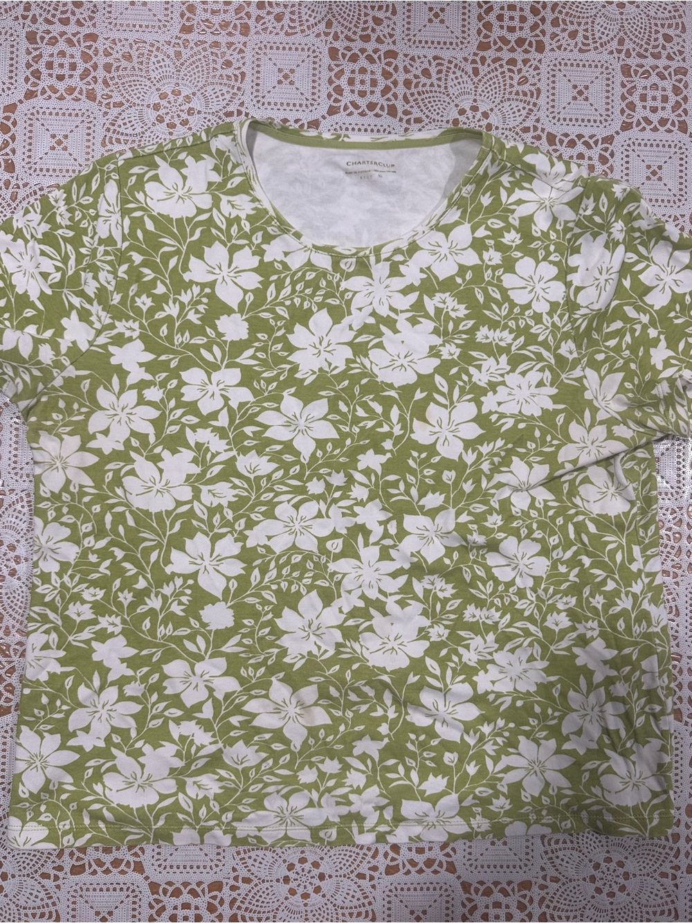 Charter Club Green White Floral Short Sleeve Cotton Top Womens XL